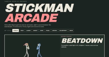 Stickman Arcade lineup page with animated cards for nine games and an animator in chalk style