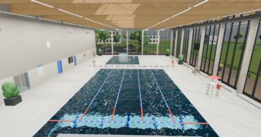 Rendered indoor swimming pool seen from the diving board, with lane ropes, a lifeguard chair and a glass facade